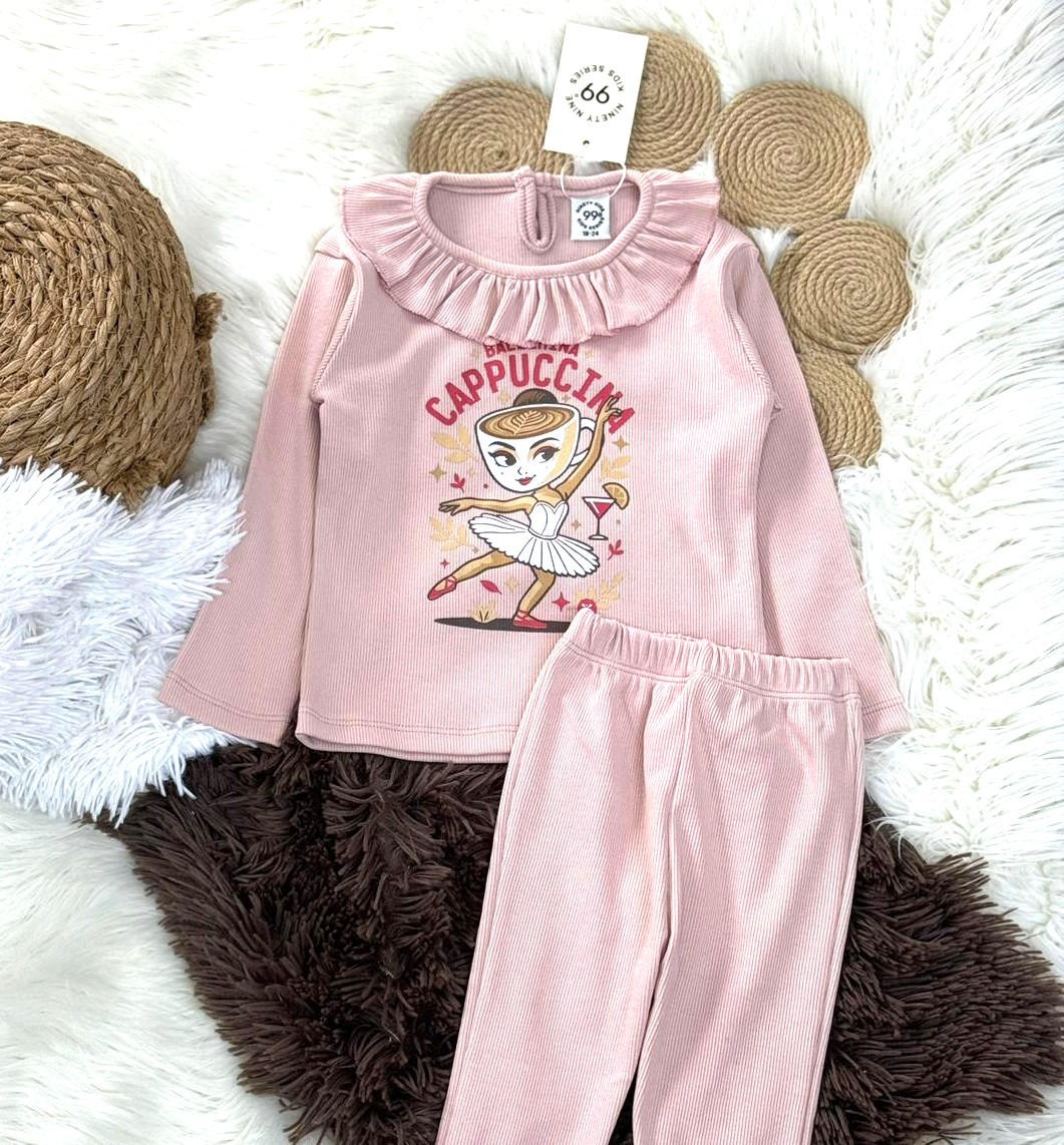 Fırfır Yakalı "Cappuccina" Baskılı Takım