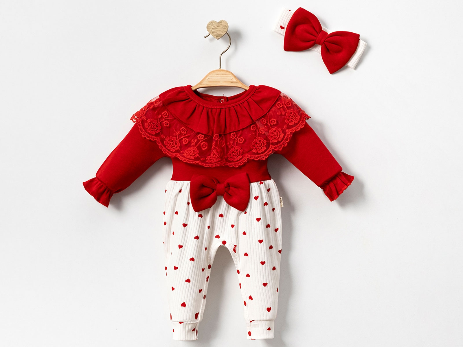 Kırmızı Dantel Yakalı Kalpli Bandanalı Tulum Seti