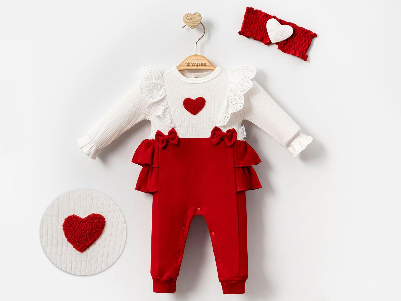 Fırfır Detaylı & Kalp İşlemeli Bandanalı Tulum Seti